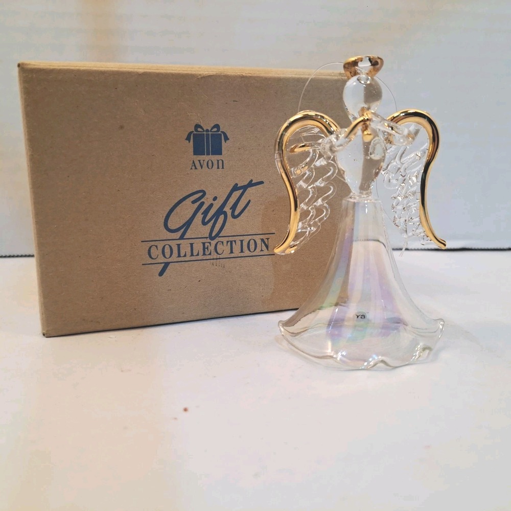 Avon Gift Collection Glass Angel Christmas Ornament Clear Gold Hanging